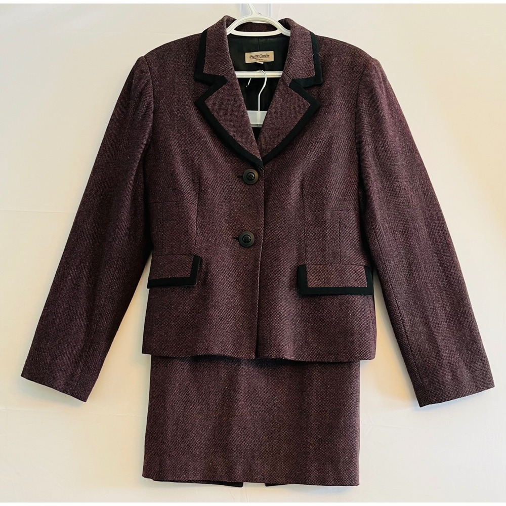 Vintage Pierre Cardin Tweed Skirt Suit Burgundy Dark Academia